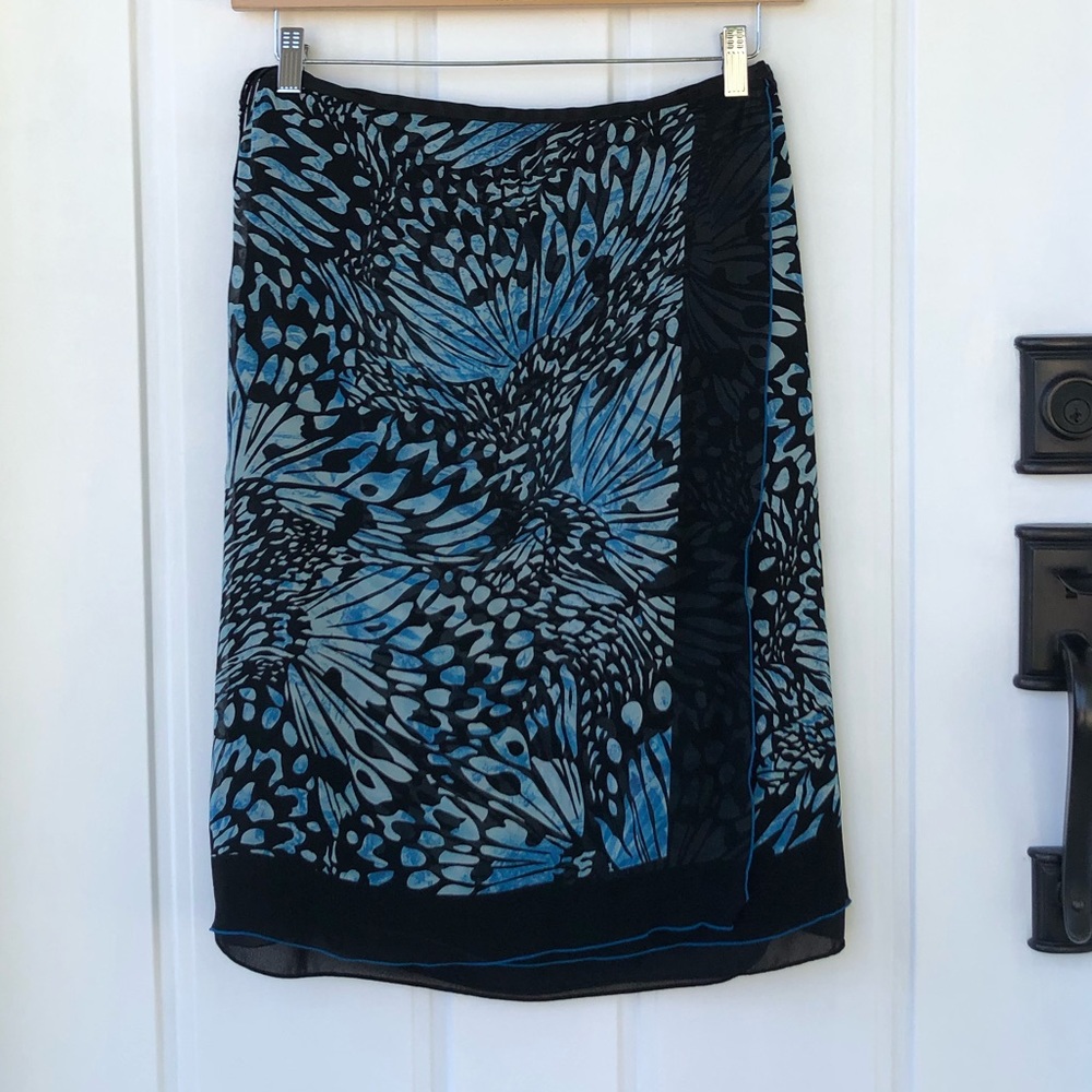 Dana Buchman Silk Butterfly Wrap Skirt Black & Blue 8P VGC